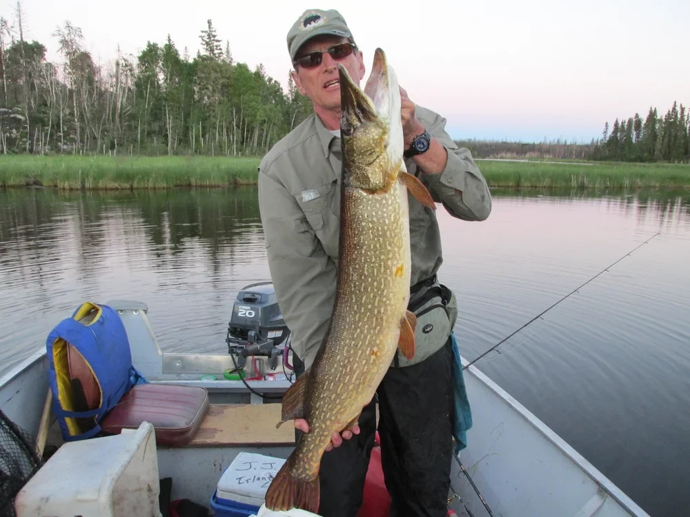 Man holding a trophy pike at dusk, golden hour light on the water