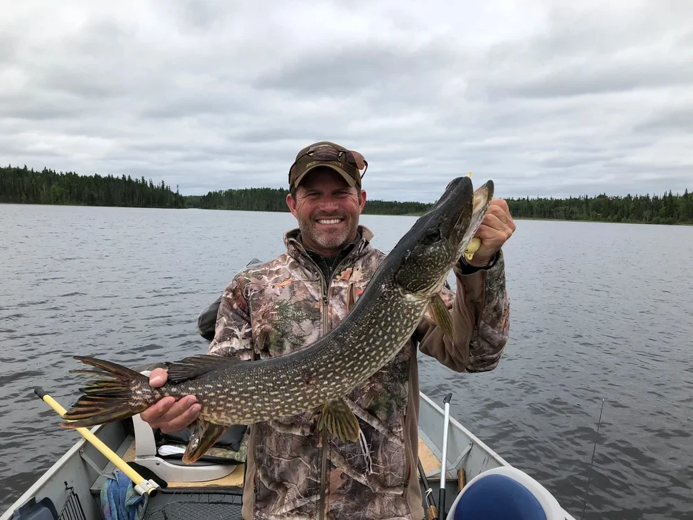 Fisherman holding large pike catch, Black Bear Island Lodge