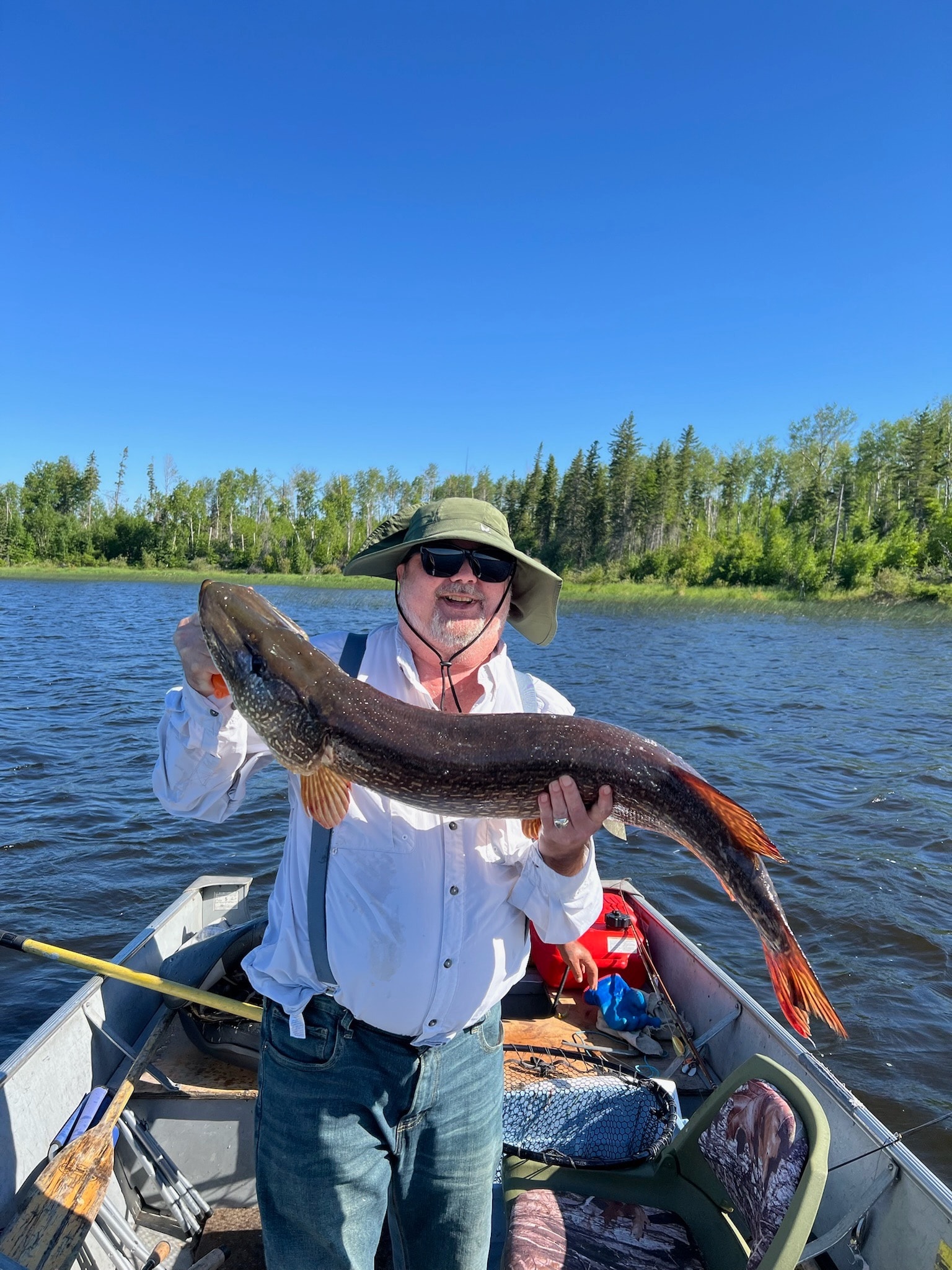 Man in white shirt holding a massive curved pike in a boat