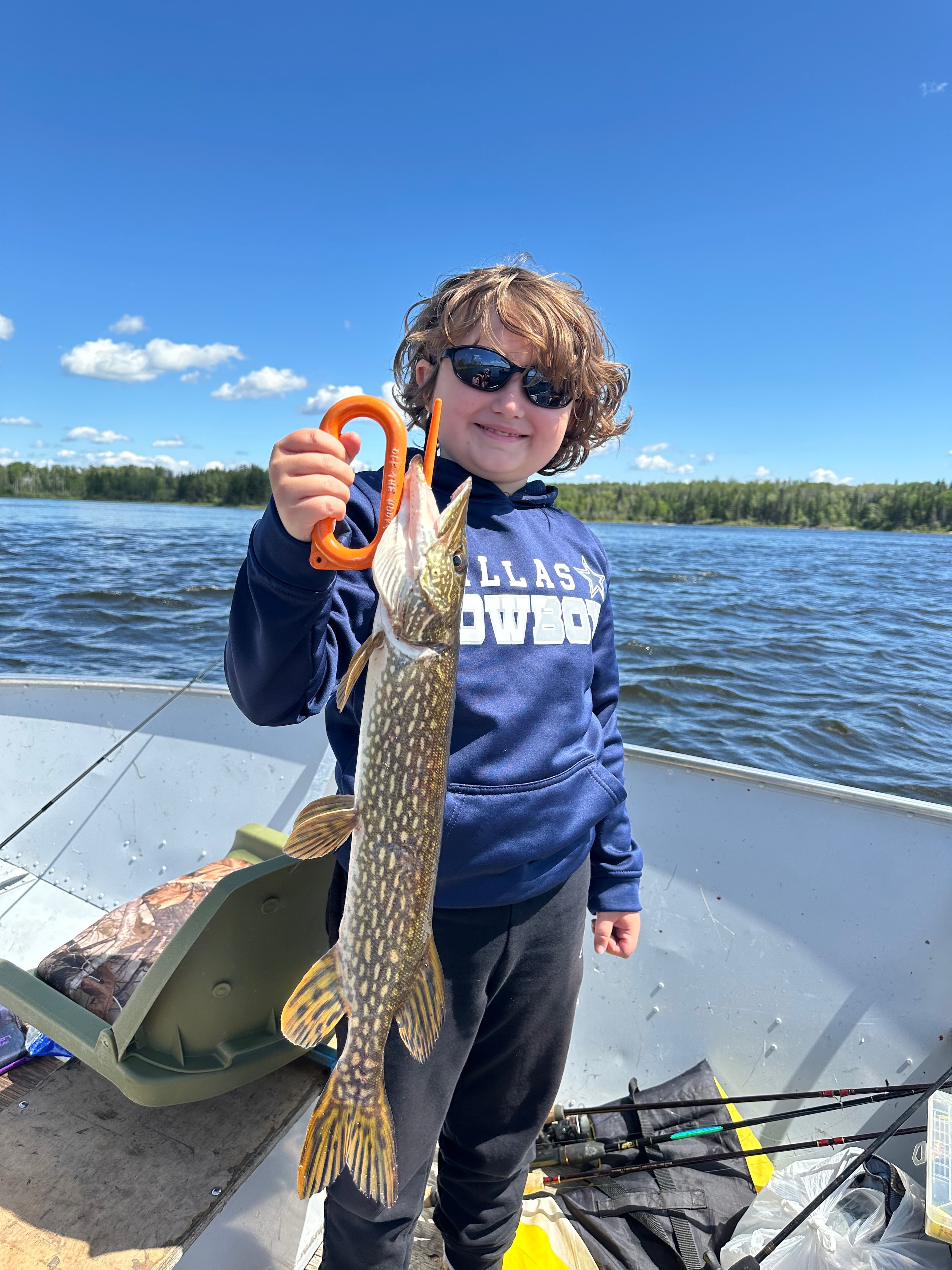 Young child in colorful life jacket holding a walleye with a lip gripper in a boat on a rocky river