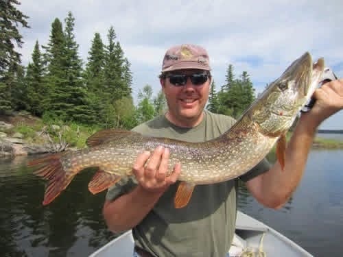 Man in green shirt and cap holding a large Northern Pike in a boat, rocky shoreline and boreal forest backdrop