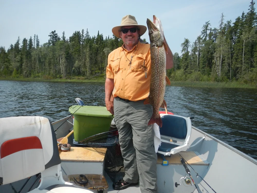 Man holding a large pike in a boat, wilderness setting