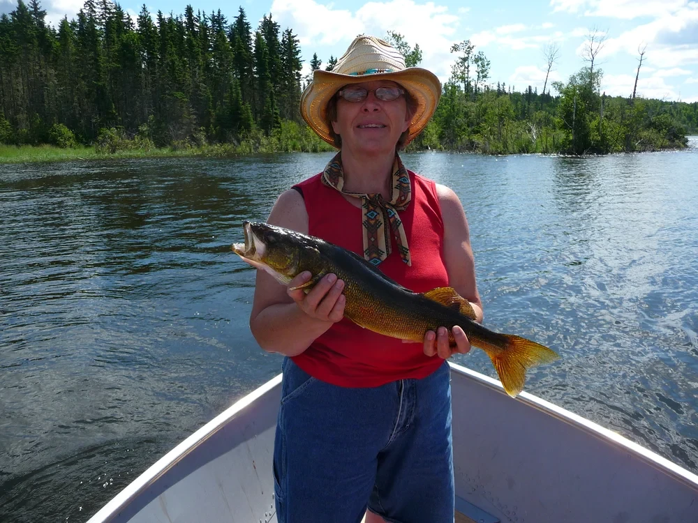 Woman in red top holding a nice Walleye, sunny blue sky, river channel backdrop