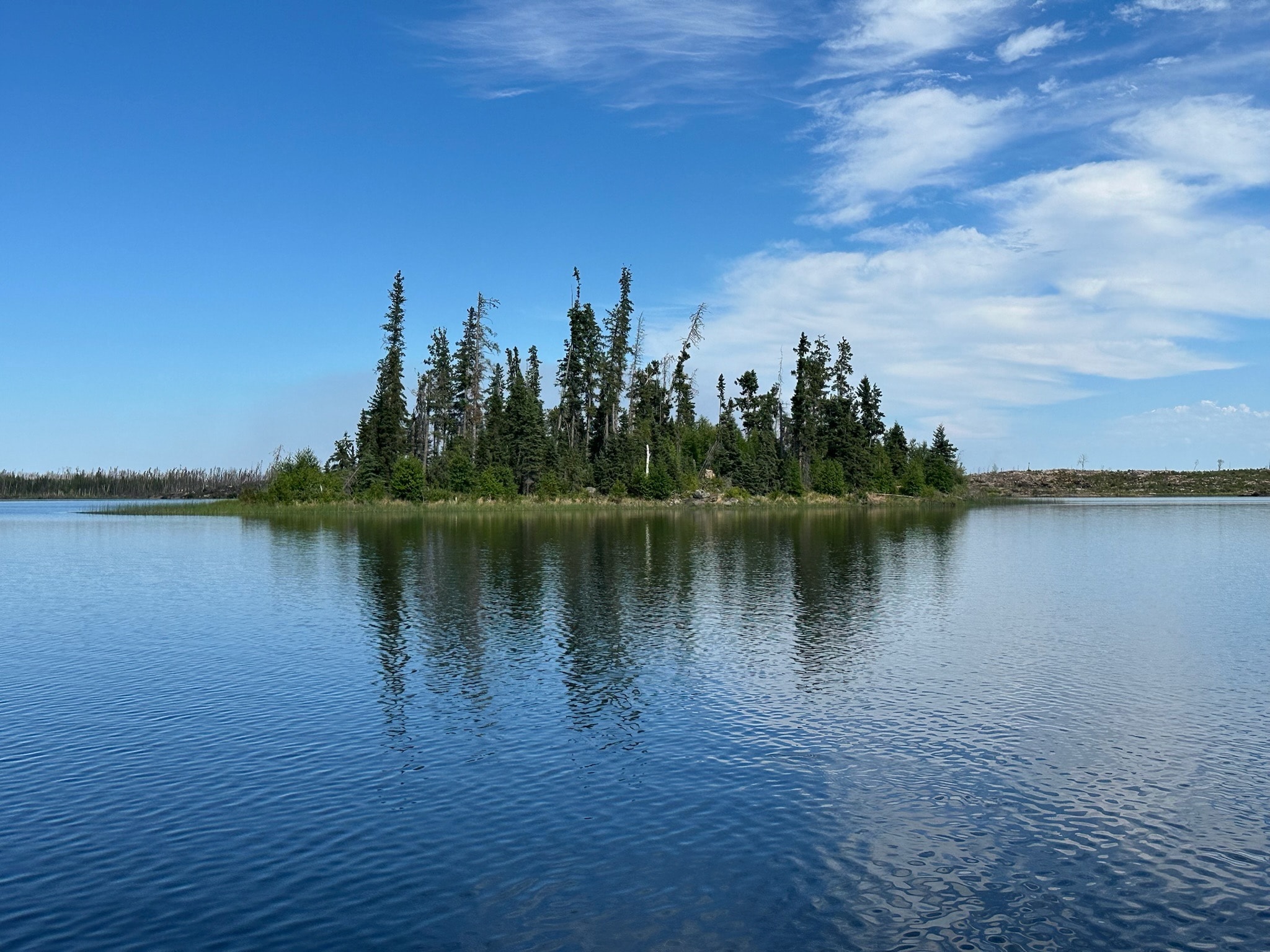 Small forested island reflected in calm blue lake water